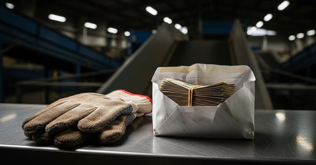 Close-up of a sealed white envelope resting on top of a garbage bag