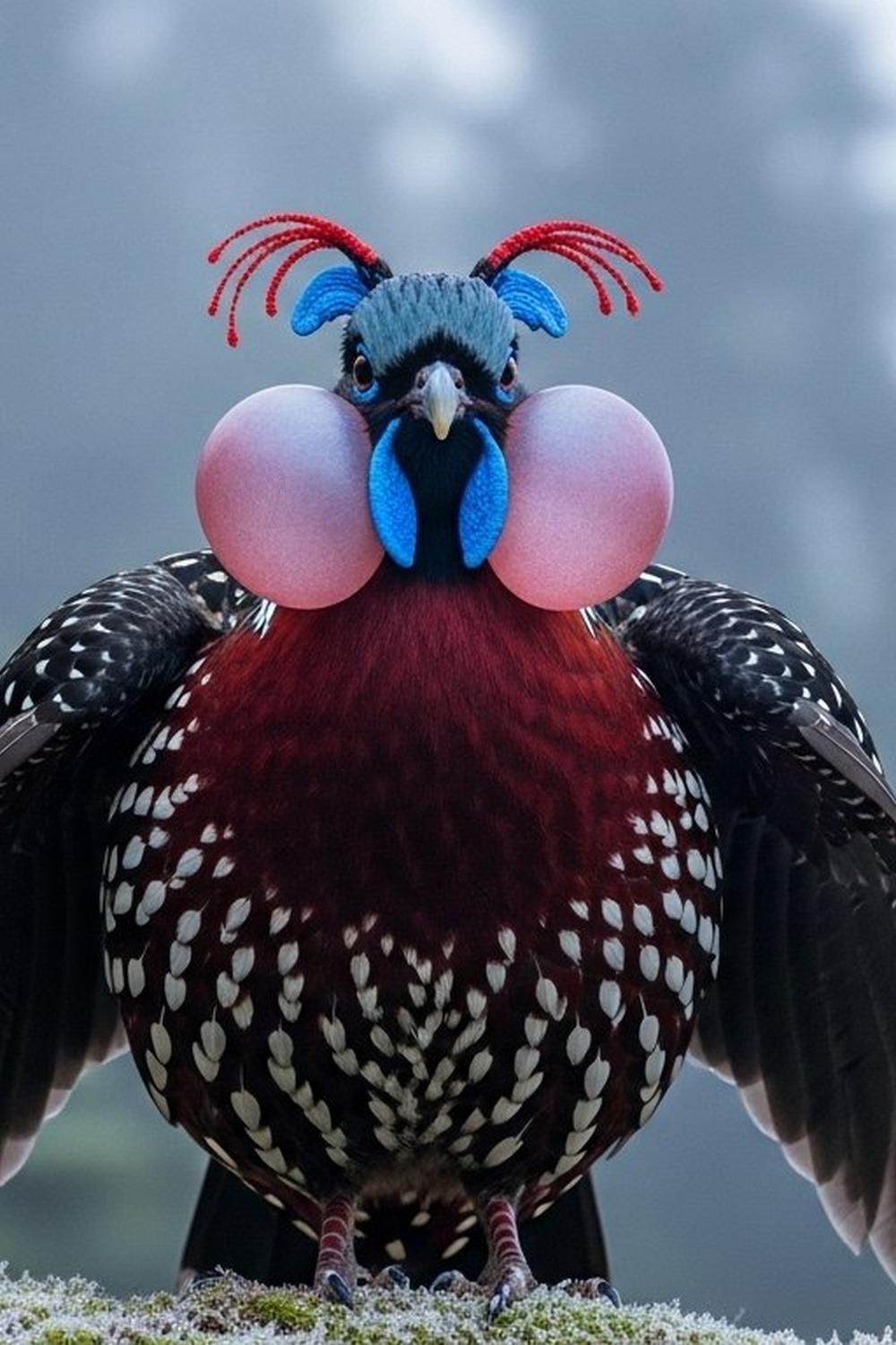 Male Satyr Tragopan displaying vivid crimson plumage and inflated blue wattles in Himalayan forest