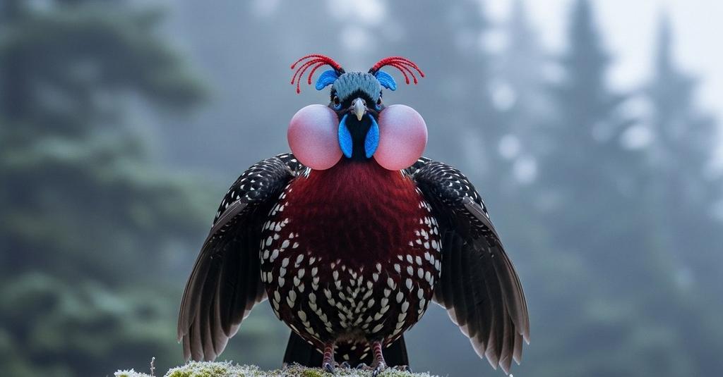 Satyr Tragopan perched on mossy mountain branch surrounded by misty Himalayan undergrowth
