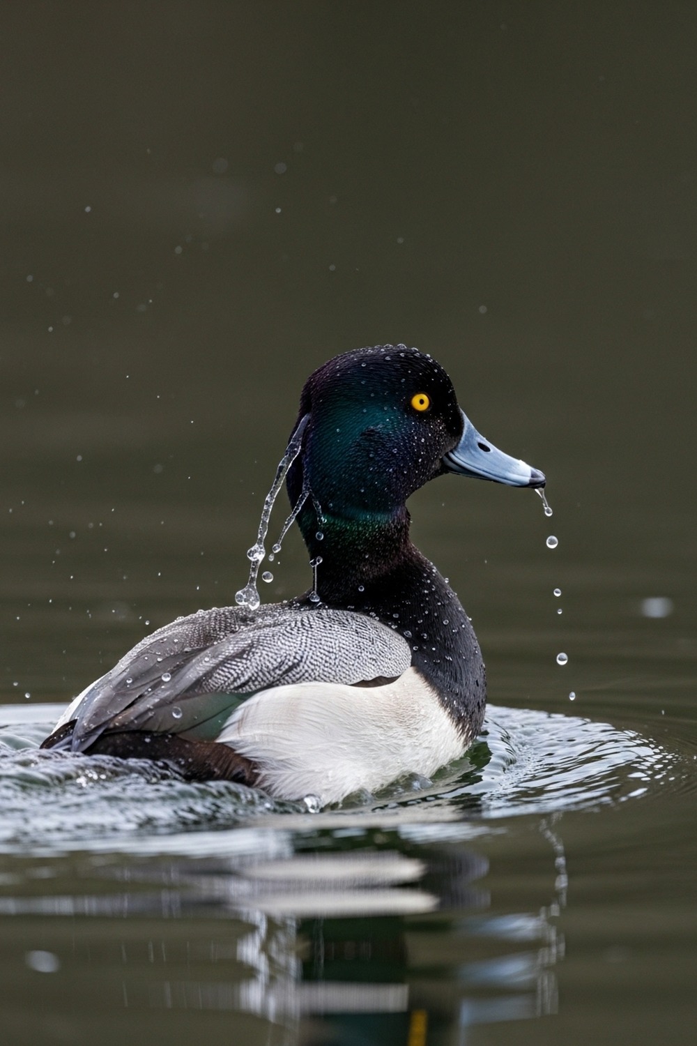 A bold-eyed scaup duck surfacing from dark lake water, droplets scattering