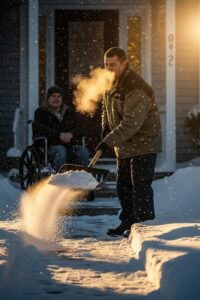 Delivery driver shoveling snow from a wheelchair-accessible walkway on a freezing winter day