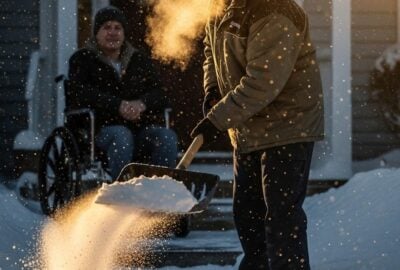 Delivery driver shoveling snow from a wheelchair-accessible walkway on a freezing winter day