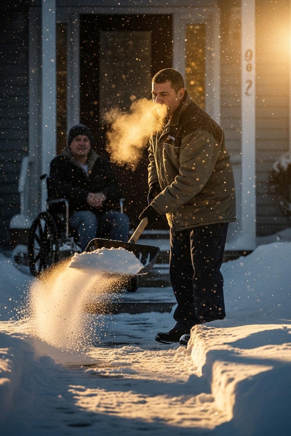 Delivery driver shoveling snow from a wheelchair-accessible walkway on a freezing winter day