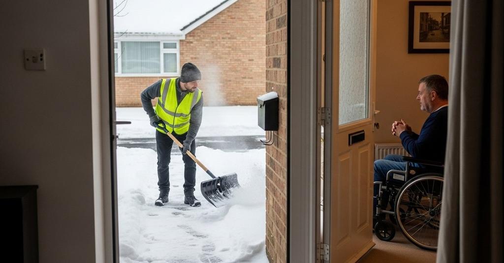 Close-up of gloved hands gripping a snow shovel outside a frost-covered front door
