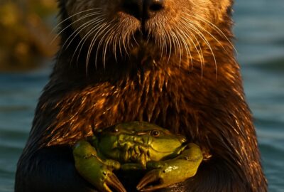 Wild sea otter clutching a bright green shore crab in golden tidal water