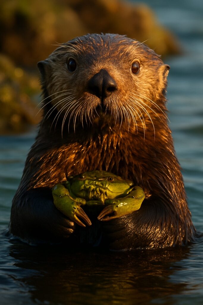 Wild sea otter clutching a bright green shore crab in golden tidal water