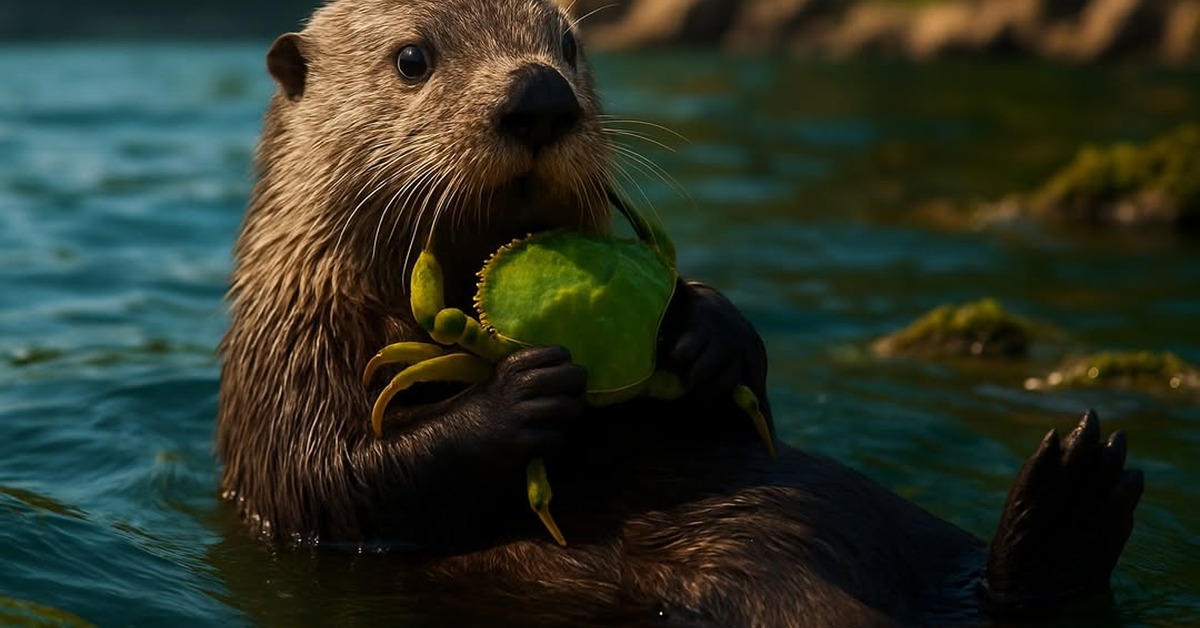 Sea otter floating on its back feeding on a crab at water surface level