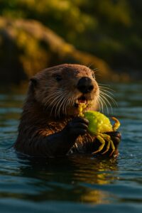 A sea otter floats on its back clutching a bright green crab in its dark forepaws at golden hour