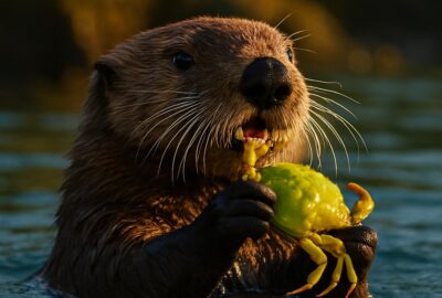 A sea otter floats on its back clutching a bright green crab in its dark forepaws at golden hour