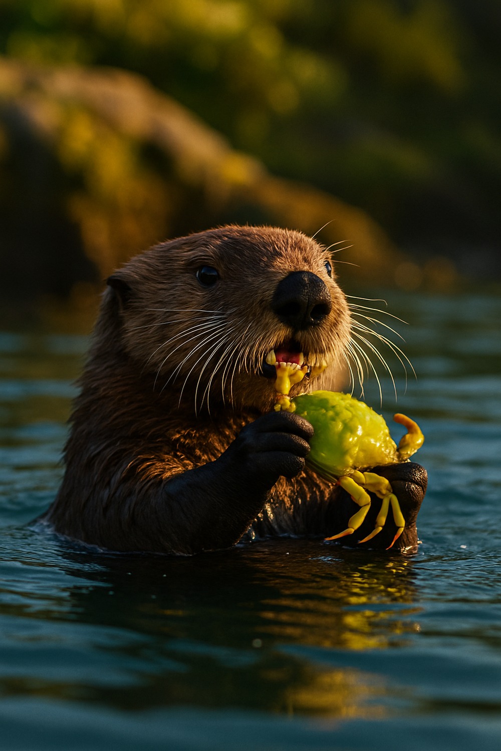 A sea otter floats on its back clutching a bright green crab in its dark forepaws at golden hour