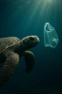 A lone sea turtle swimming near a drifting translucent plastic bag in deep blue ocean water