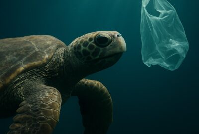 A lone sea turtle swimming near a drifting translucent plastic bag in deep blue ocean water