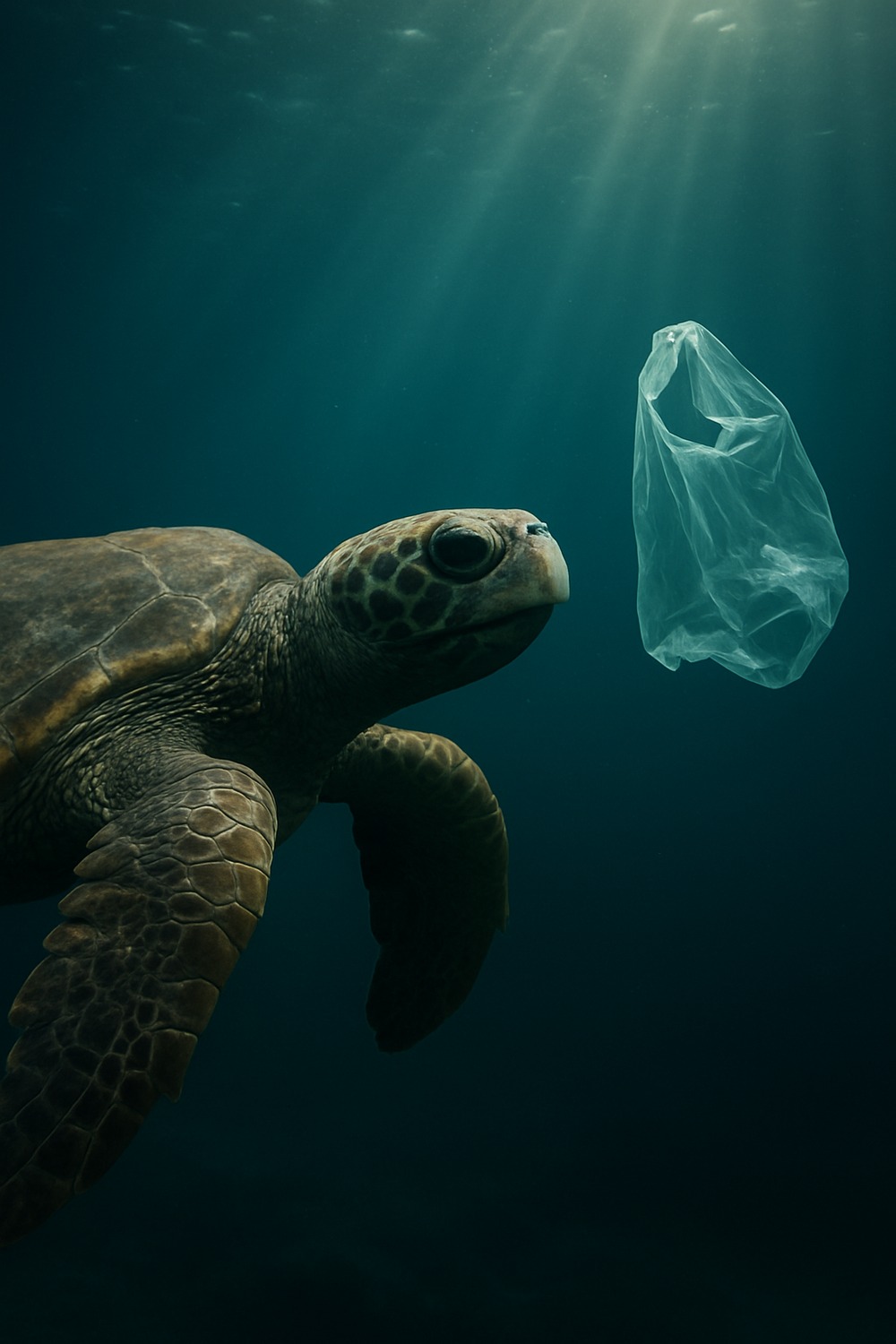 A lone sea turtle swimming near a drifting translucent plastic bag in deep blue ocean water
