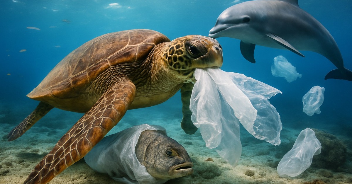 Close-up of a loggerhead sea turtle surfacing through sunlit shallow coastal water