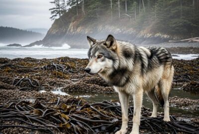 A wild sea wolf standing on a rocky Pacific coastline at low tide surrounded by kelp