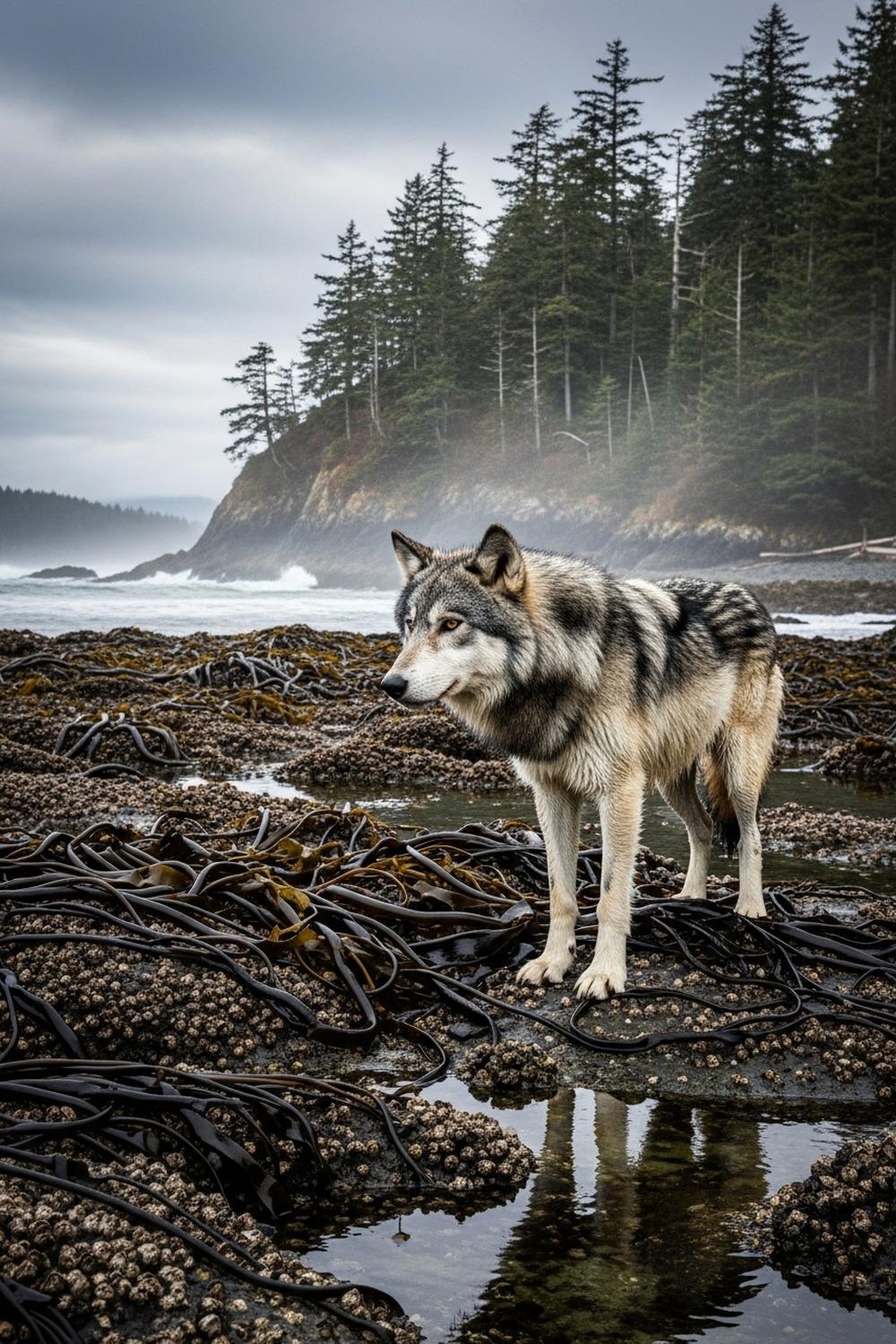 A wild sea wolf standing on a rocky Pacific coastline at low tide surrounded by kelp