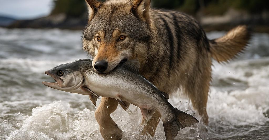 Large grey wolf swimming through cold blue ocean water between forested islands