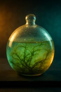 Glowing sealed glass ecosphere sphere containing algae and brine shrimp on dark background