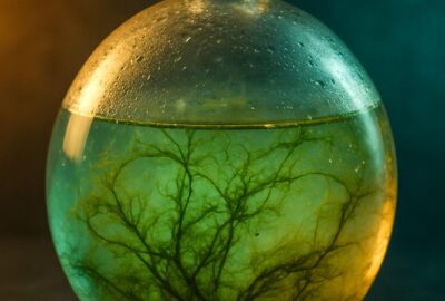 Glowing sealed glass ecosphere sphere containing algae and brine shrimp on dark background