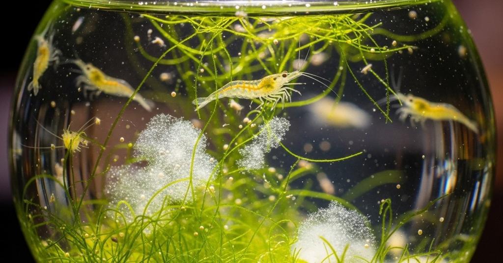 Microscopic view of tiny brine shrimp swimming inside a closed glass biosphere