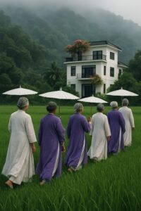 Women in white robes walking through green rice paddy near a modern Chinese villa