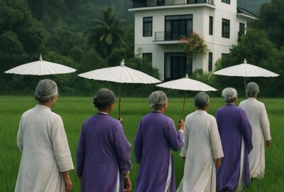 Women in white robes walking through green rice paddy near a modern Chinese villa