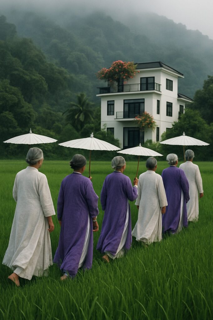 Women in white robes walking through green rice paddy near a modern Chinese villa