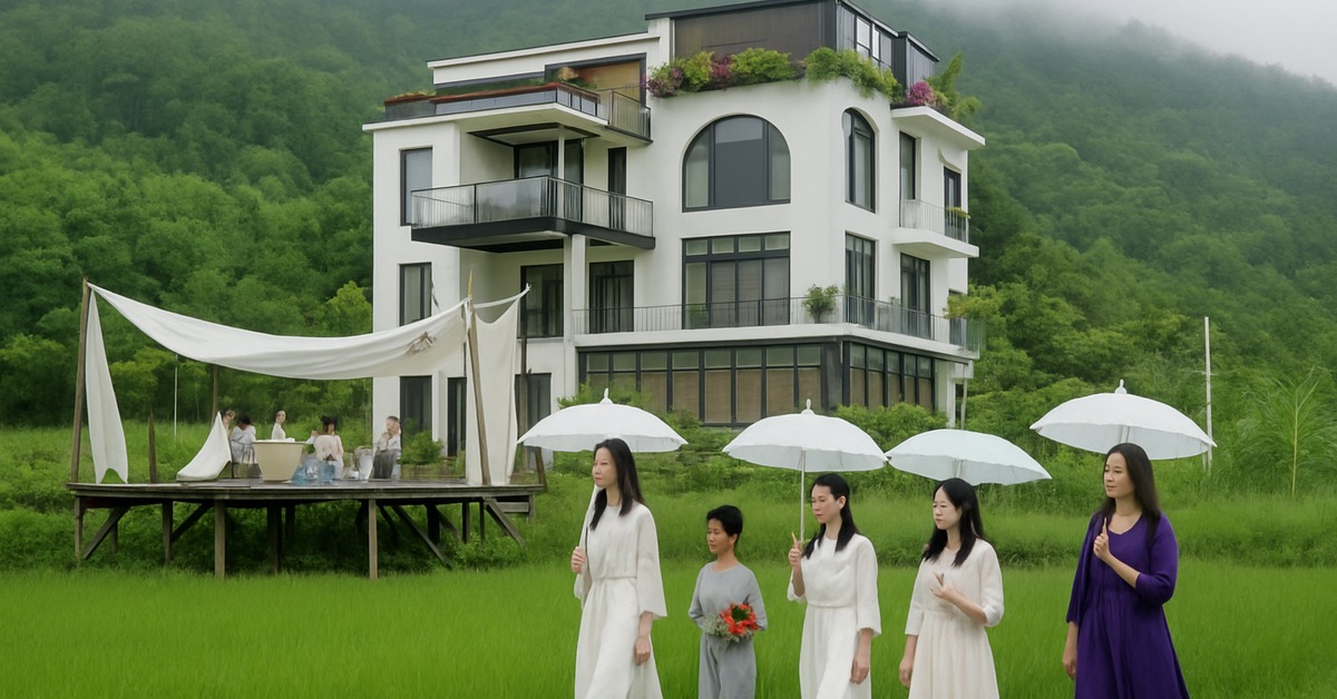Close view of women with parasols approaching a white villa in misty hillside fog