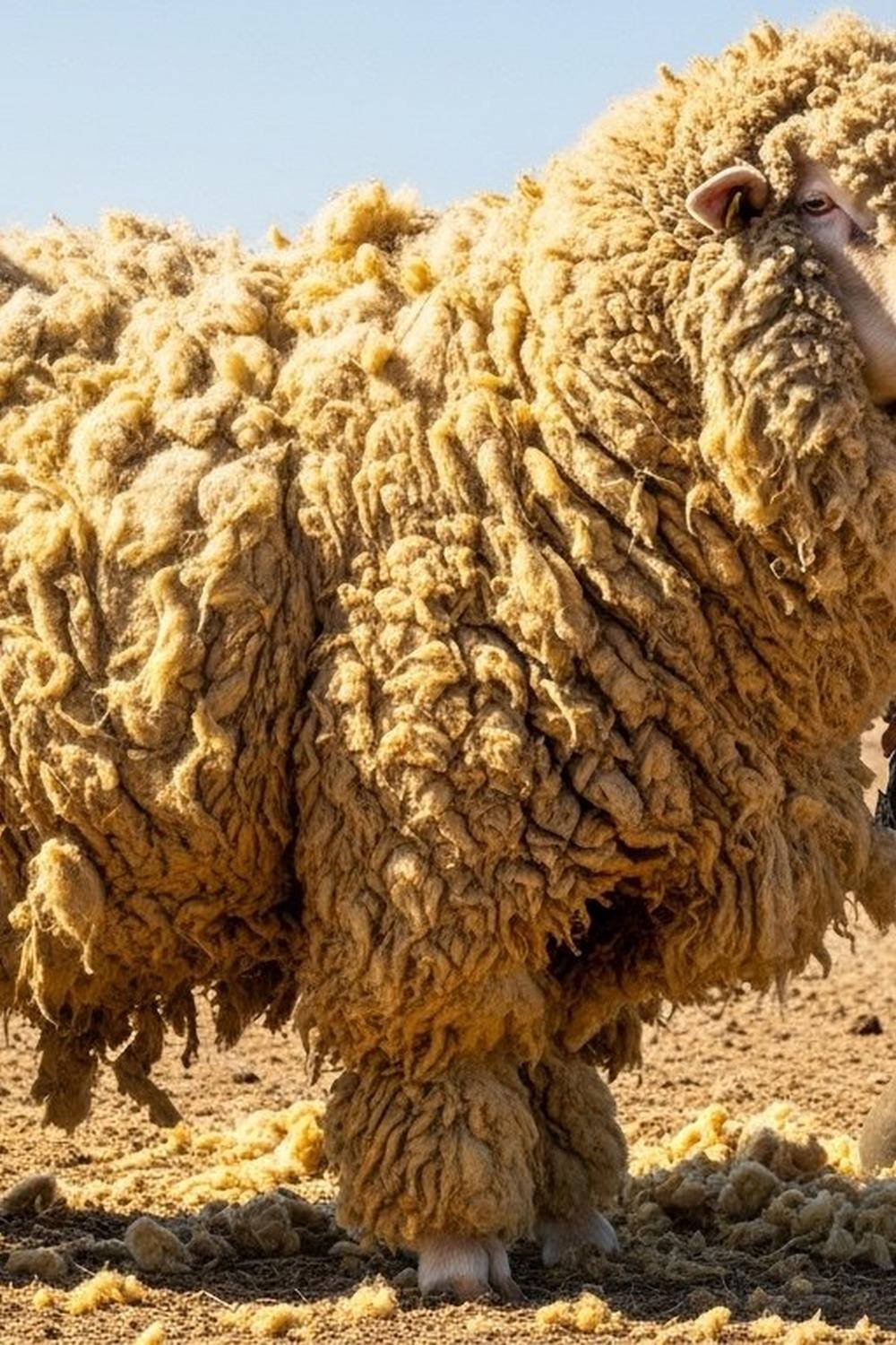 Heavily matted merino sheep covered in years of overgrown tangled fleece outdoors