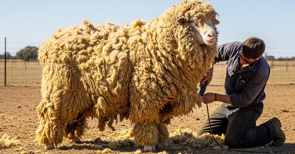 Shearer carefully removing thick compacted wool from exhausted merino sheep