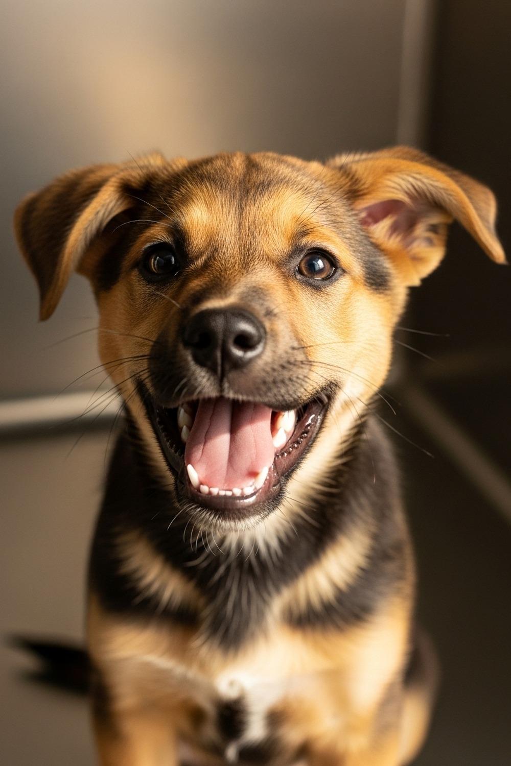 Young shelter dog flashing a wide toothy grin at visitors through kennel fence