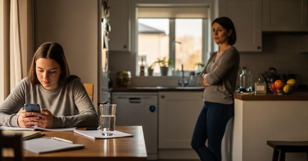 Parent and teenager sitting together having an open conversation about phone use