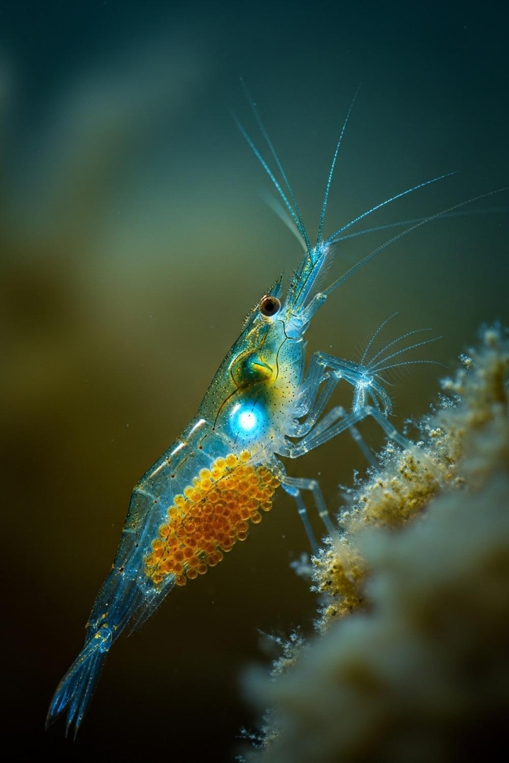 Female grass shrimp carrying hundreds of eggs attached beneath her abdomen in close-up