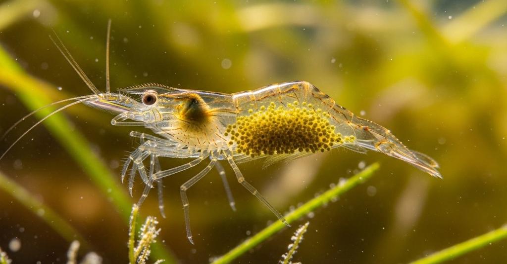 Macro underwater shot of shrimp fanning egg clutch with feathery pleopod legs