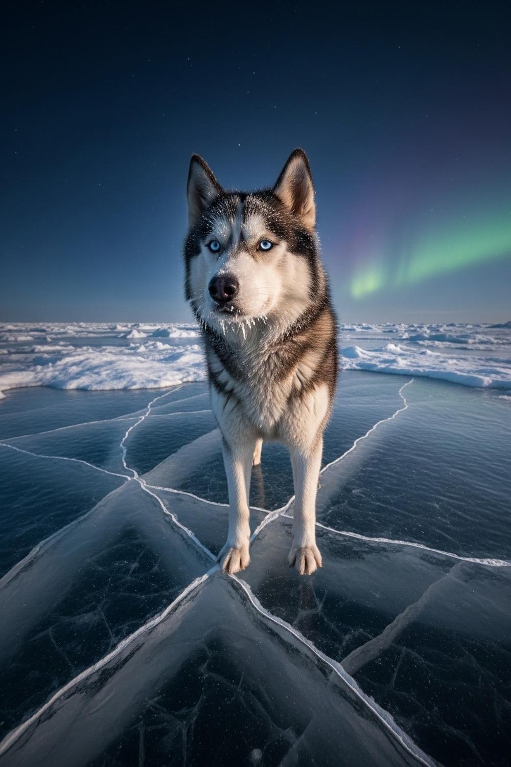Siberian Husky lead dog pausing on cracking Arctic sea ice at night