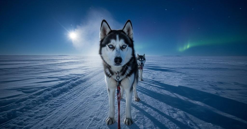 Close-up of sled dog team running through a blizzard in frozen wilderness