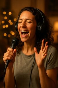 Joyful woman singing into microphone with eyes closed in warm cozy living room