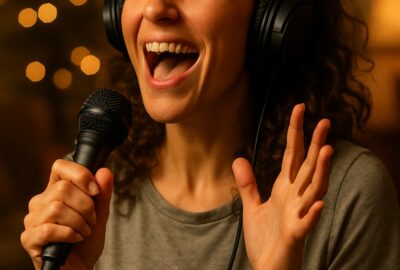 Joyful woman singing into microphone with eyes closed in warm cozy living room