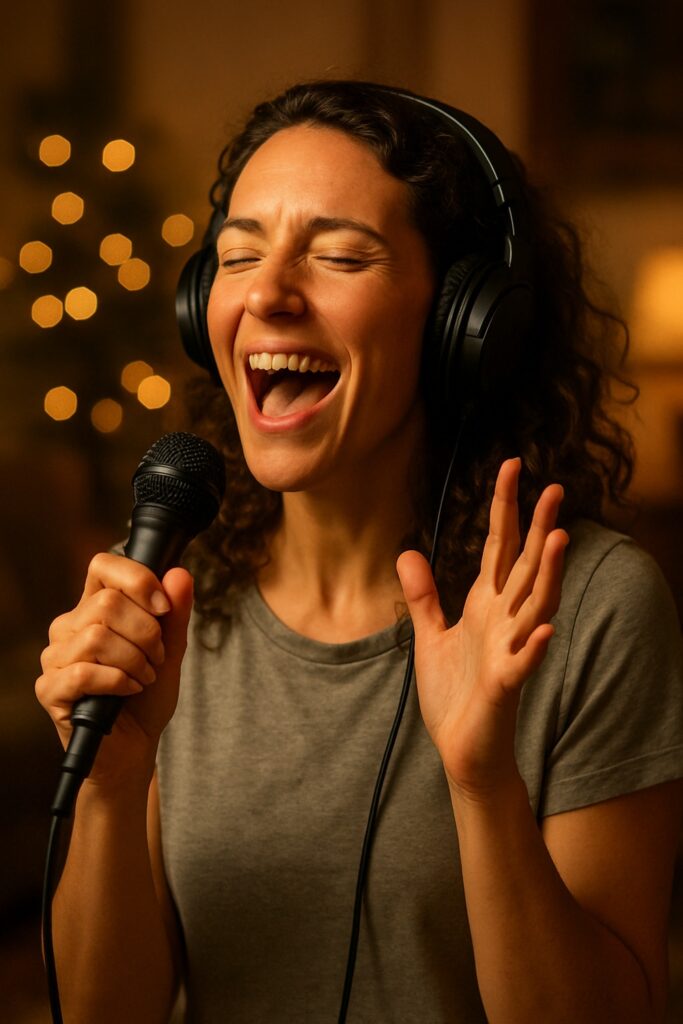 Joyful woman singing into microphone with eyes closed in warm cozy living room