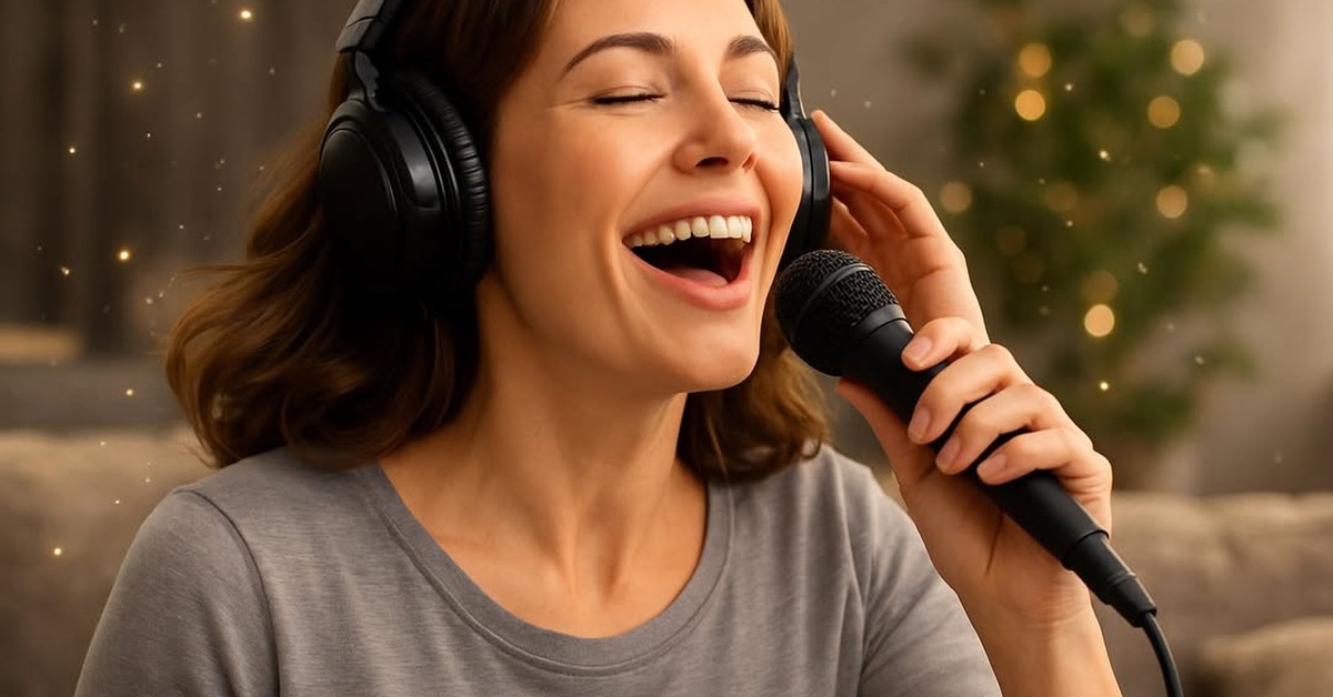 Woman mid-song, head tilted back, golden bokeh light glowing around her face