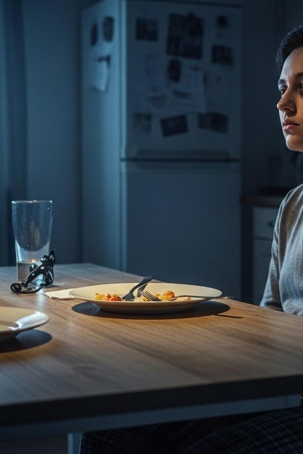 Restless person lying awake at night, bathed in cool blue darkness, exhausted