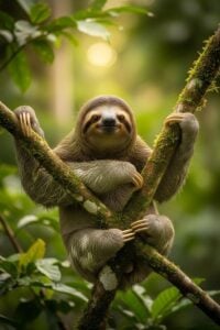 A three-toed sloth hanging peacefully from a lush rainforest canopy branch