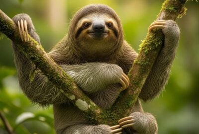 A three-toed sloth hanging peacefully from a lush rainforest canopy branch