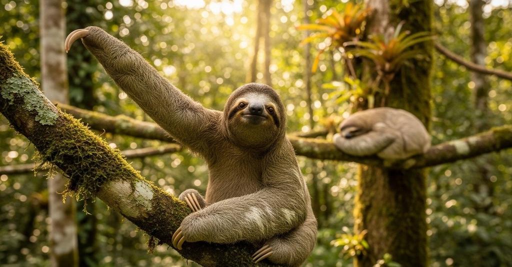 Close-up of a sleepy sloth clinging to a mossy tree in dappled jungle light