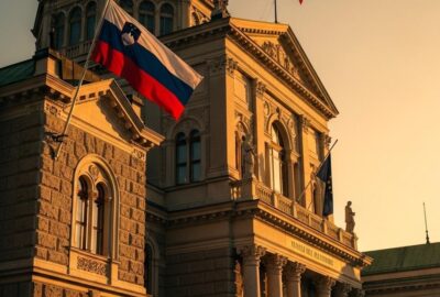 Slovenian government building with national flag flying against a dramatic sky