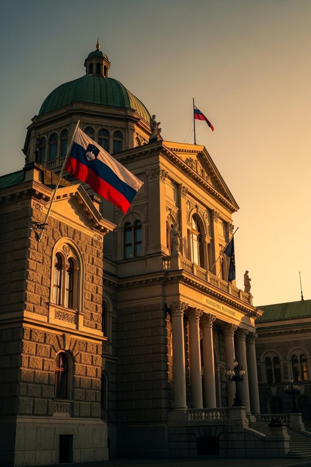 Slovenian government building with national flag flying against a dramatic sky