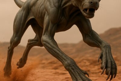 Alien predator creature sprinting across cracked red Martian desert terrain at full speed