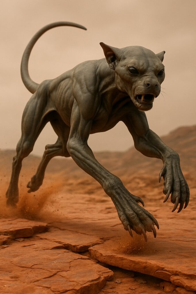 Alien predator creature sprinting across cracked red Martian desert terrain at full speed