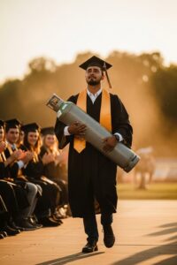 Young graduate carrying a heavy gas cylinder across a graduation stage with pride