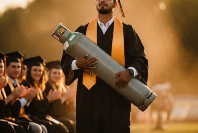 Young graduate carrying a heavy gas cylinder across a graduation stage with pride
